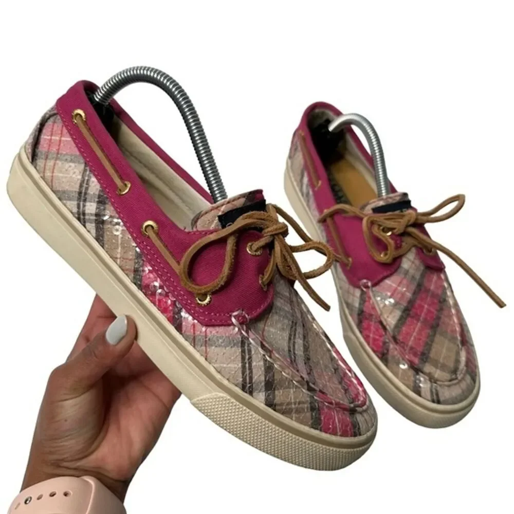 Sperry Bahama Boat Shoes Womens 7M Pink Plaid Fuchsia Sequin Slip On 9448226